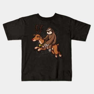 Sloth Santa Riding Reindeer Christmas Kids T-Shirt